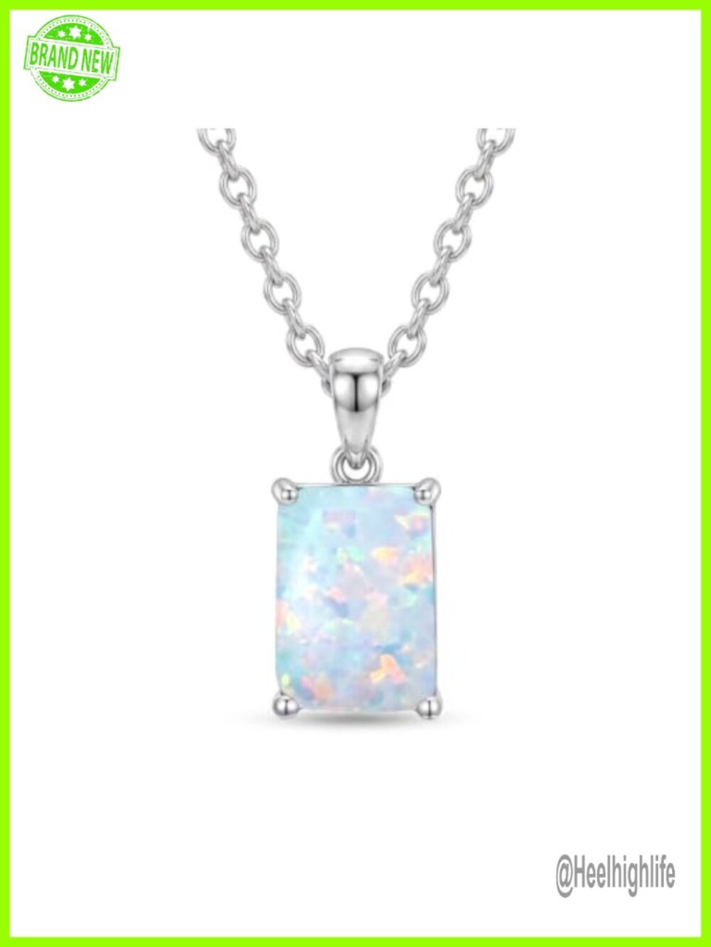 925 Sterling Silver Opal Pendant Necklace Emerald Cut October Birthstone